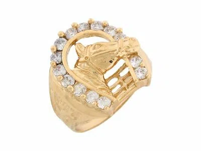 Pre-owned Jackani 10k Or 14k Yellow Gold White Cz Lucky Horseshoe Mens Ring