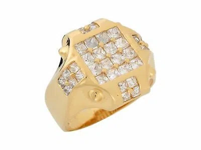 Pre-owned Jackani 10k Or 14k Yellow Gold White Cz Unique Square Design Modern Mens Ring