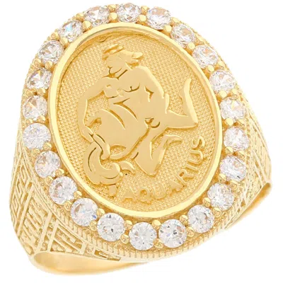 Pre-owned Jackani 10k Or 14k Yellow Gold Zodiac Aquarius Oval Halo Cz Men's Heavy Ring In White
