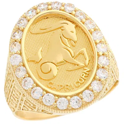 Pre-owned Jackani 10k Or 14k Yellow Gold Zodiac Capricorn Oval Halo Cz Men's Heavy Ring In White