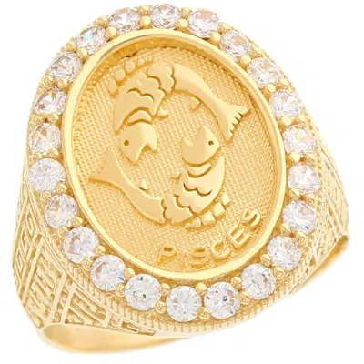 Pre-owned Jackani 10k Or 14k Yellow Gold Zodiac Pisces Oval Halo Cz Men's Heavy Ring In White