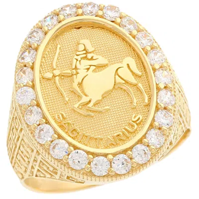 Pre-owned Jackani 10k Or 14k Yellow Gold Zodiac Sagittarius Oval Halo Cz Men's Heavy Ring In White