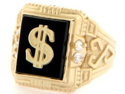 Pre-owned Jackani 10k Solid Yellow Gold 10x12mm Onyx Dollar Cz Mens Ring In Black