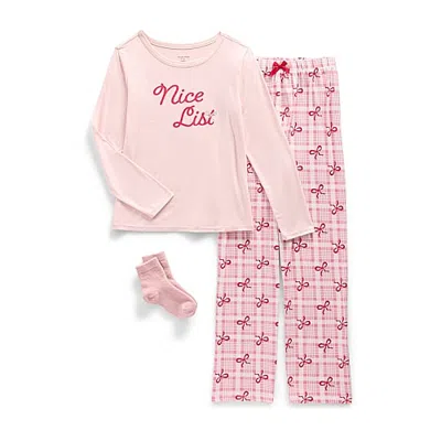 Jaclyn Kids' Girls Crew Neck Long Sleeve 3-pc. Pajama Set In Pink