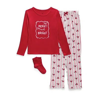 Jaclyn Kids' Girls Crew Neck Long Sleeve 3-pc. Pajama Set In Red