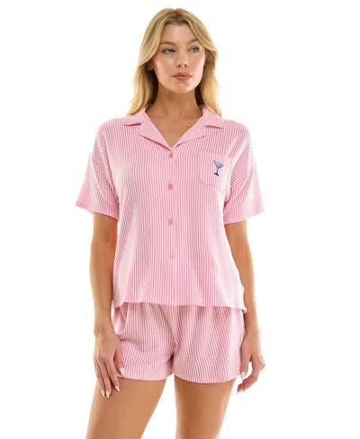 Jaclyn Intimates Women's Knit Seersucker Notch Collar Top And Shorts, 2-piece Set In Pink