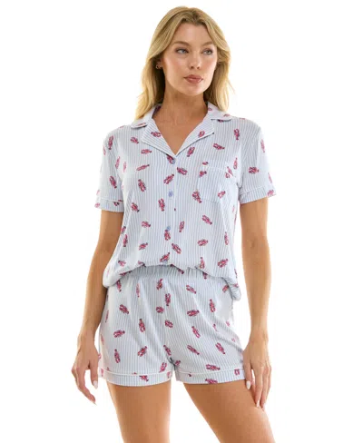 Jaclyn Intimates Women's Short-sleeve Notch Collar Top And Shorts, 2-piece Set In Blue