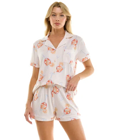 Jaclyn Intimates Women's Short-sleeve Notch Collar Top And Shorts, 2-piece Set In White