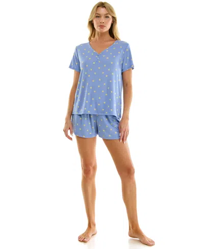 Jaclyn Intimates Women's V-neck Henley Top And Flared Pajama Shorts, 2-piece Set In Blue