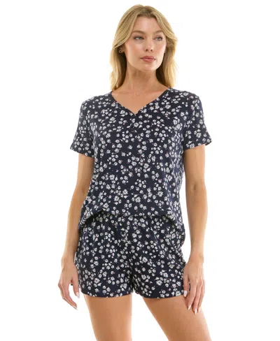 Jaclyn Intimates Women's V-neck Henley Top And Flared Pajama Shorts, 2-piece Set In Black