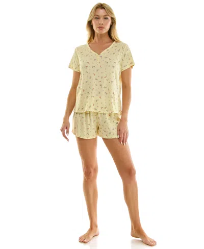 Jaclyn Intimates Women's V-neck Henley Top And Flared Pajama Shorts, 2-piece Set In Yellow
