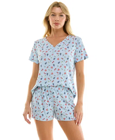 Jaclyn Intimates Women's V-neck Henley Top And Flared Pajama Shorts, 2-piece Set In Blue