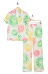 Jaclyn Satin Short Sleeve Top & Pants Pajamas In Giant Citrus White