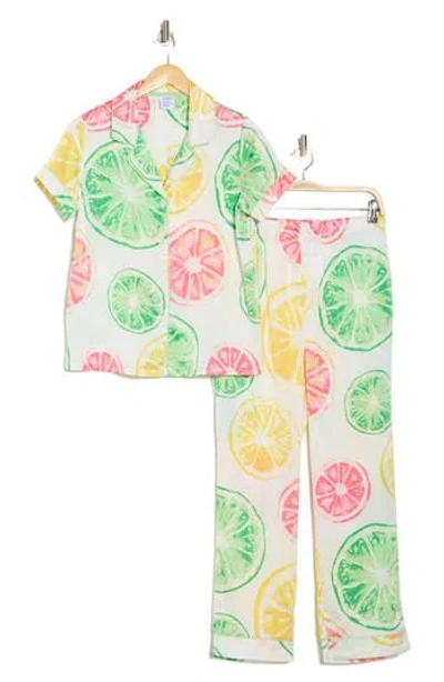 Jaclyn Satin Short Sleeve Top & Pants Pajamas In Giant Citrus White