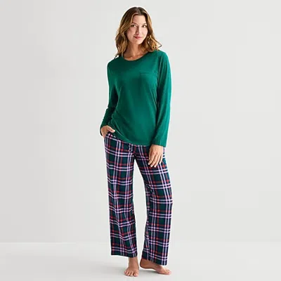Jaclyn Womens Crew Neck Long Sleeve 2-pc. Pajama Set In Green