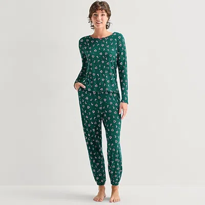 Jaclyn Womens Crew Neck Long Sleeve 2-pc. Pajama Set In Green