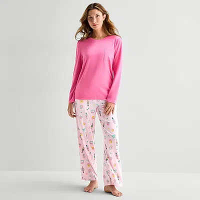 Jaclyn Womens Crew Neck Long Sleeve 2-pc. Pajama Set In Pink