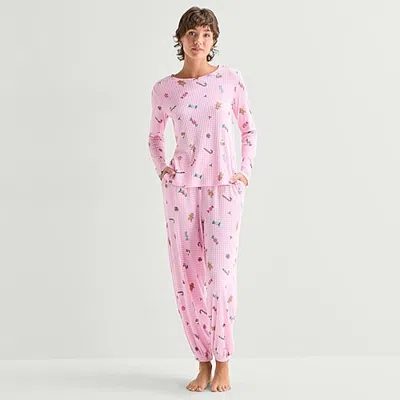 Jaclyn Womens Crew Neck Long Sleeve 2-pc. Pajama Set In Pink