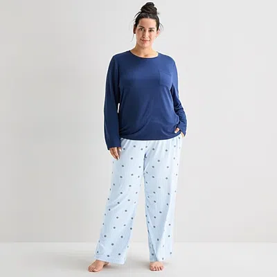 Jaclyn Womens Crew Neck Long Sleeve 2-pc. Plus Pajama Set In Blue