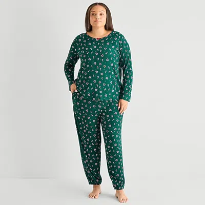 Jaclyn Womens Crew Neck Long Sleeve 2-pc. Plus Pajama Set In Brown