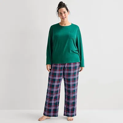 Jaclyn Womens Crew Neck Long Sleeve 2-pc. Plus Pajama Set In Green