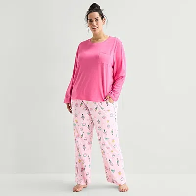 Jaclyn Womens Crew Neck Long Sleeve 2-pc. Plus Pajama Set In Pink