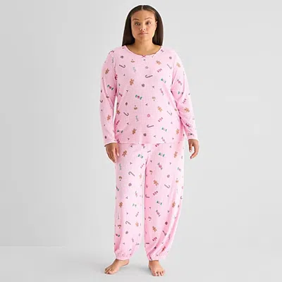 Jaclyn Womens Crew Neck Long Sleeve 2-pc. Plus Pajama Set In Pink
