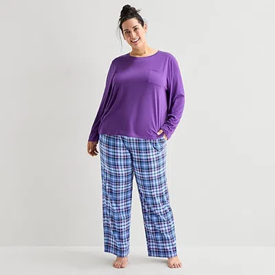 Jaclyn Womens Crew Neck Long Sleeve 2-pc. Plus Pajama Set In Purple