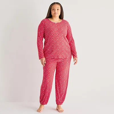 Jaclyn Womens Crew Neck Long Sleeve 2-pc. Plus Pajama Set In Red