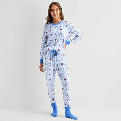 Jaclyn Womens Crew Neck Long Sleeve 3-pc. Pajama Set In Blue