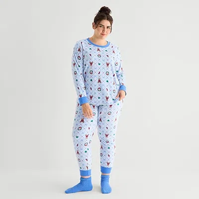 Jaclyn Womens Crew Neck Long Sleeve 3-pc. Plus Pajama Set In Blue