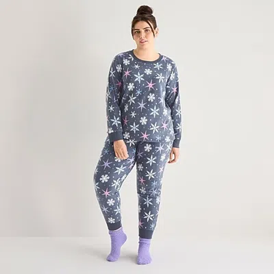 Jaclyn Womens Crew Neck Long Sleeve 3-pc. Plus Pajama Set In Gray
