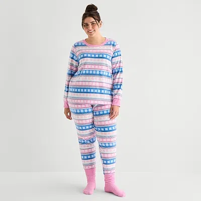 Jaclyn Womens Crew Neck Long Sleeve 3-pc. Plus Pajama Set In Pink