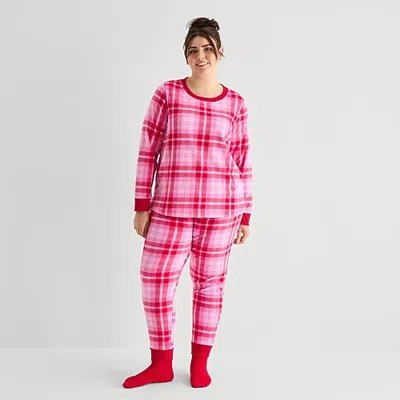Jaclyn Womens Crew Neck Long Sleeve 3-pc. Plus Pajama Set In Red