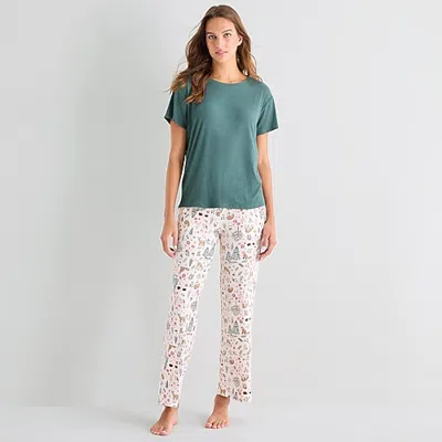 Jaclyn Womens Crew Neck Short Sleeve 2-pc. Pajama Set In Green