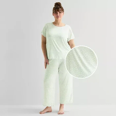 Jaclyn Womens Crew Neck Short Sleeve 2-pc. Plus Pajama Set In Green