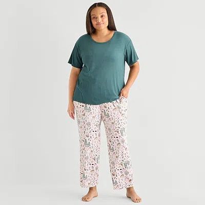 Jaclyn Womens Crew Neck Short Sleeve 2-pc. Plus Pajama Set In Green