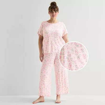 Jaclyn Womens Crew Neck Short Sleeve 2-pc. Plus Pajama Set In Pink