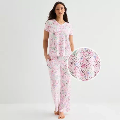 Jaclyn Womens V-neck Short Sleeve 2-pc. Pajama Set In White