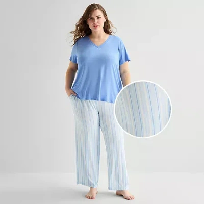 Jaclyn Womens V-neck Short Sleeve 2-pc. Plus Pajama Set In Blue