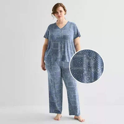 Jaclyn Womens V-neck Short Sleeve 2-pc. Plus Pajama Set In Gray