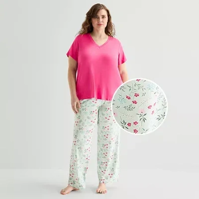 Jaclyn Womens V-neck Short Sleeve 2-pc. Plus Pajama Set In Green