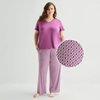 Jaclyn Womens V-neck Short Sleeve 2-pc. Plus Pajama Set In Pink