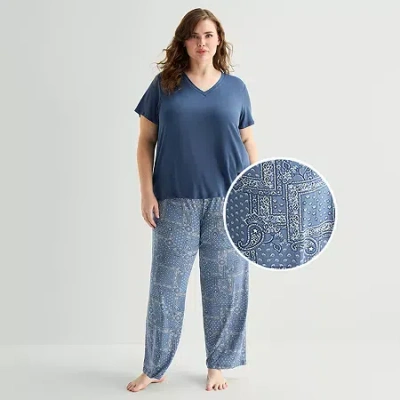 Jaclyn Womens V-neck Short Sleeve 2-pc. Plus Pajama Set In Purple
