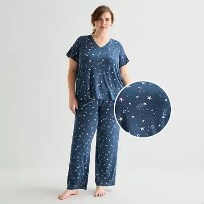 Jaclyn Womens V-neck Short Sleeve 2-pc. Plus Pajama Set In Purple