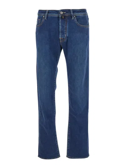 JACOB COHEN BLUE JEANS WITH BELT LOOPS AND LOGO PATCH ON THE REAR