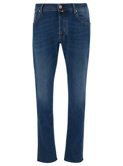 Jacob Cohen Blue Slim Low Waisted Jeans With Patch In Cotton Denim Man Jeans In Denim Medio