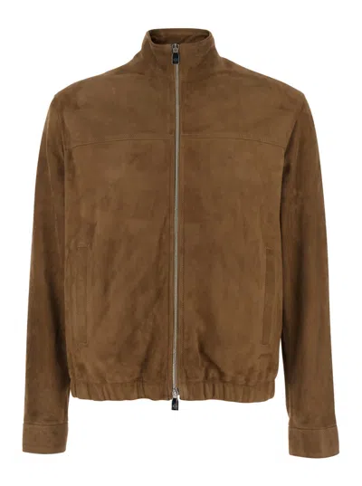 Jacob Cohen Brown Jacket With High Collar And Zip Closure In Suede Man