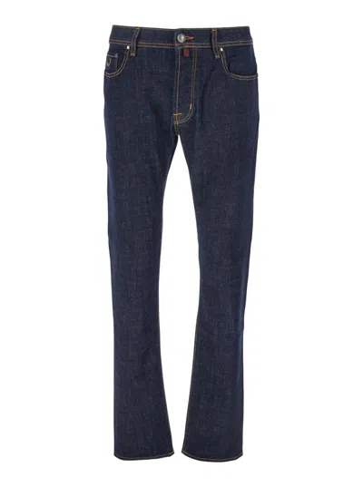Jacob Cohen Dark Blue Jeans With Logo Patch On The Back In Stretch Cotton Man