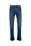 Jacob Cohen Denim Trousers With Belt Loops And Contrast Stitching In Mediochiaro